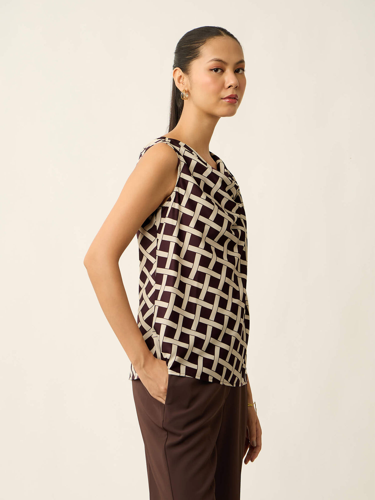 Emma-Weave Print Sleeveless Cowl Neck Printed Top-Chocolate Brown
