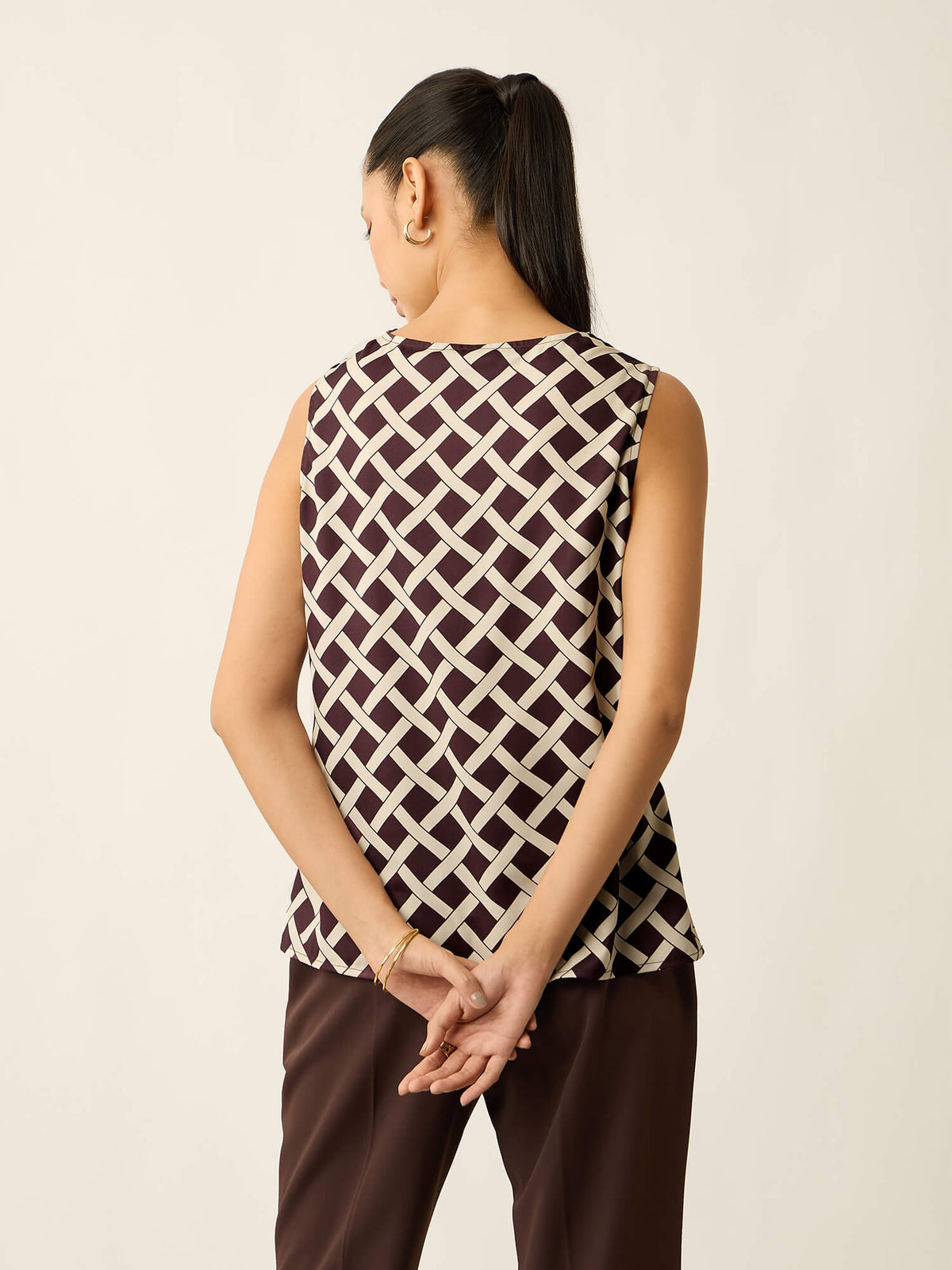 Emma-Weave Print Sleeveless Cowl Neck Printed Top-Chocolate Brown