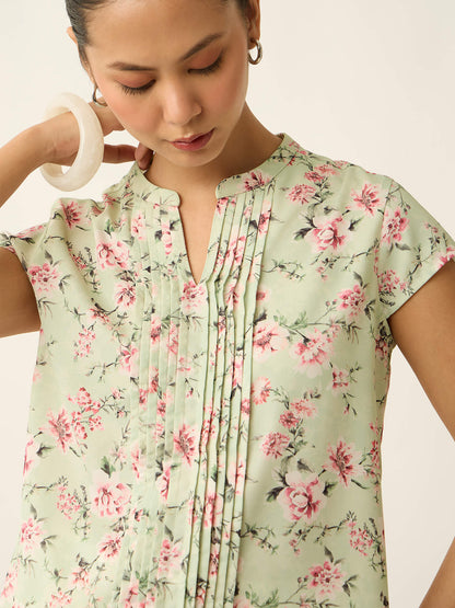 Helix-Floral Print Front Pintuck Detail Printed Top-Pastel Green