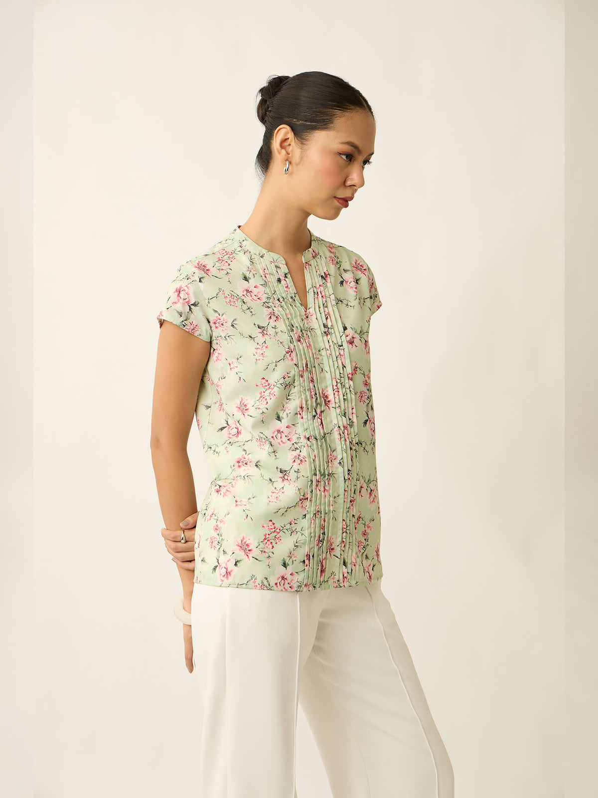 Helix-Floral Print Front Pintuck Detail Printed Top-Pastel Green