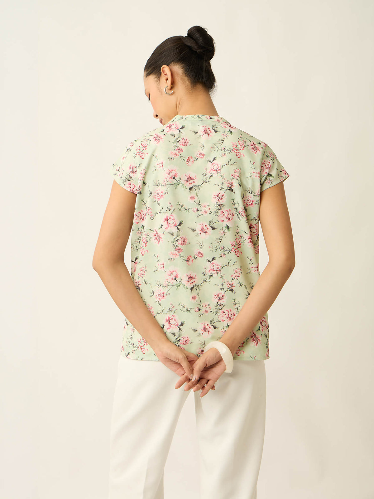 Helix-Floral Print Front Pintuck Detail Printed Top-Pastel Green
