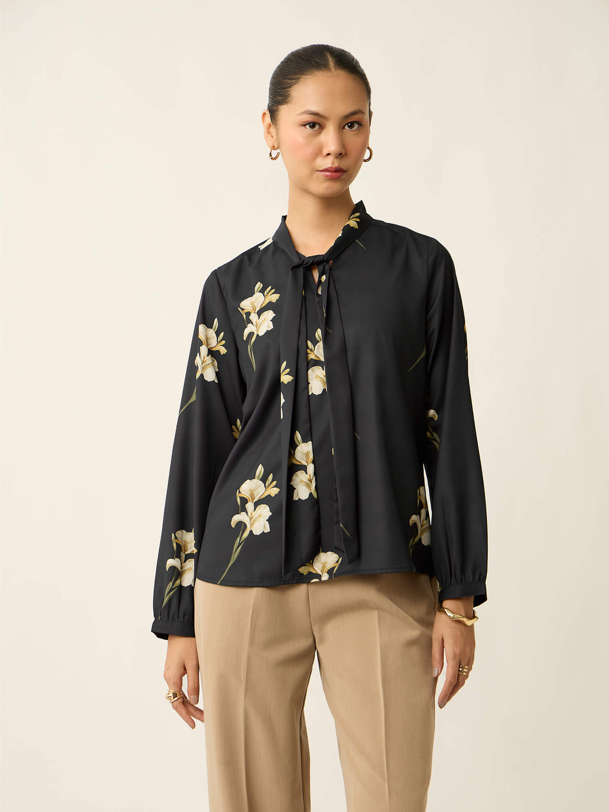 Polly-Tulip Print Neck Tie Printed Top-Black