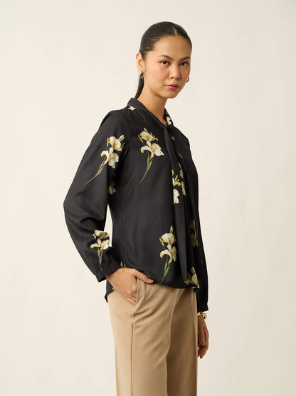 Polly-Tulip Print Neck Tie Printed Top-Black