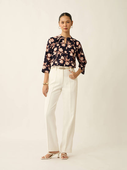 Sahara-Floral Print Trim Detail Printed Top-Black