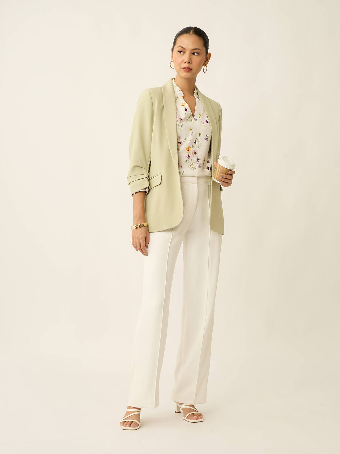 Astral-Floral Print Collared V-Neck Printed Top-White