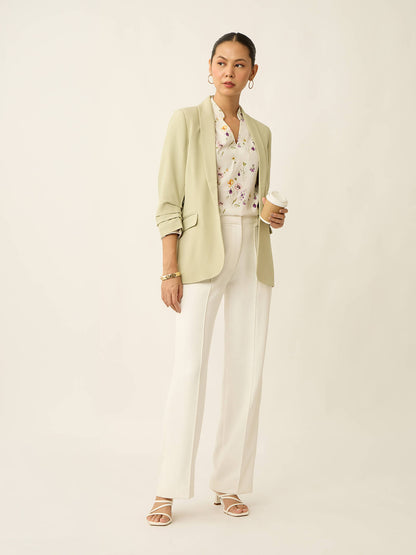 Astral-Floral Print Collared V-Neck Printed Top-White
