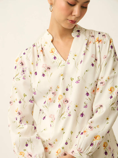 Astral-Floral Print Collared V-Neck Printed Top-White