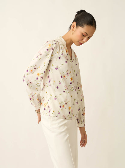 Astral-Floral Print Collared V-Neck Printed Top-White