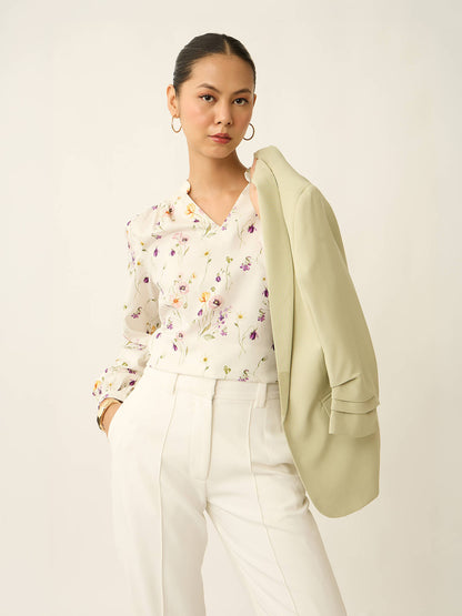 Astral-Floral Print Collared V-Neck Printed Top-White