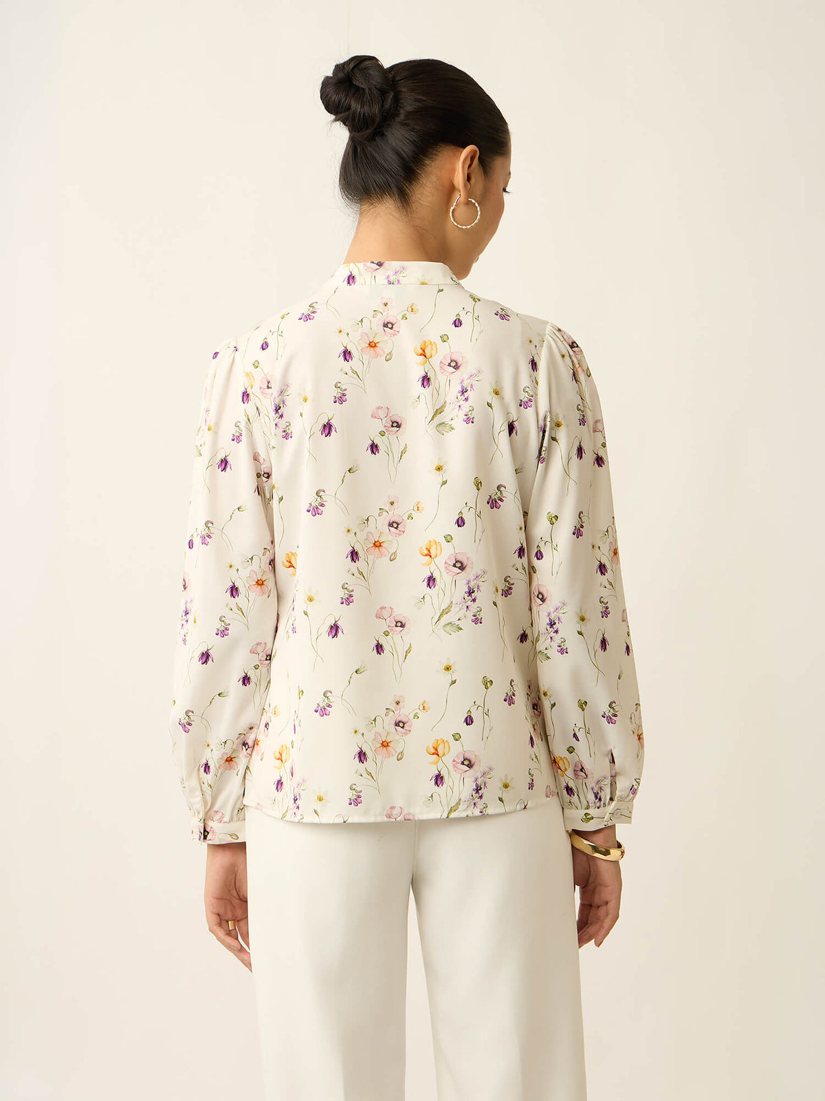 Astral-Floral Print Collared V-Neck Printed Top-White