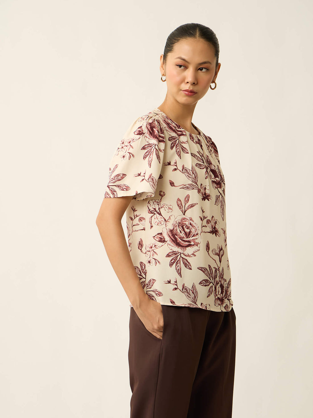 Medley-Floral Print Pleated Neck Printed Top-Cream