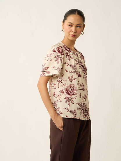 Medley-Floral Print Pleated Neck Printed Top-Cream