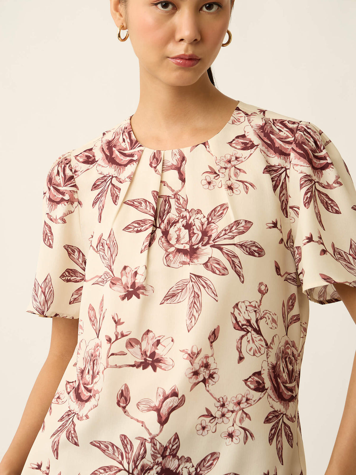 Medley-Floral Print Pleated Neck Printed Top-Cream