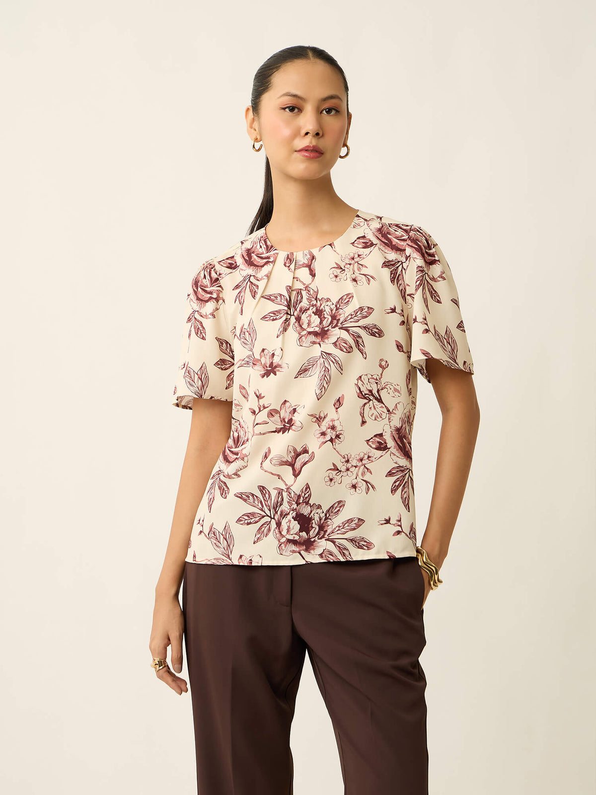 Medley-Floral Print Pleated Neck Printed Top-Cream