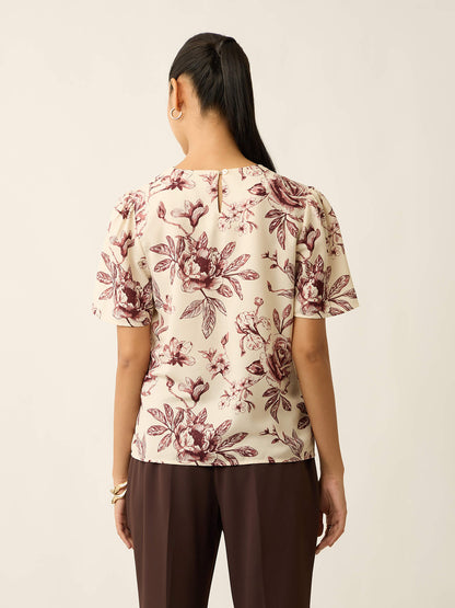 Medley-Floral Print Pleated Neck Printed Top-Cream