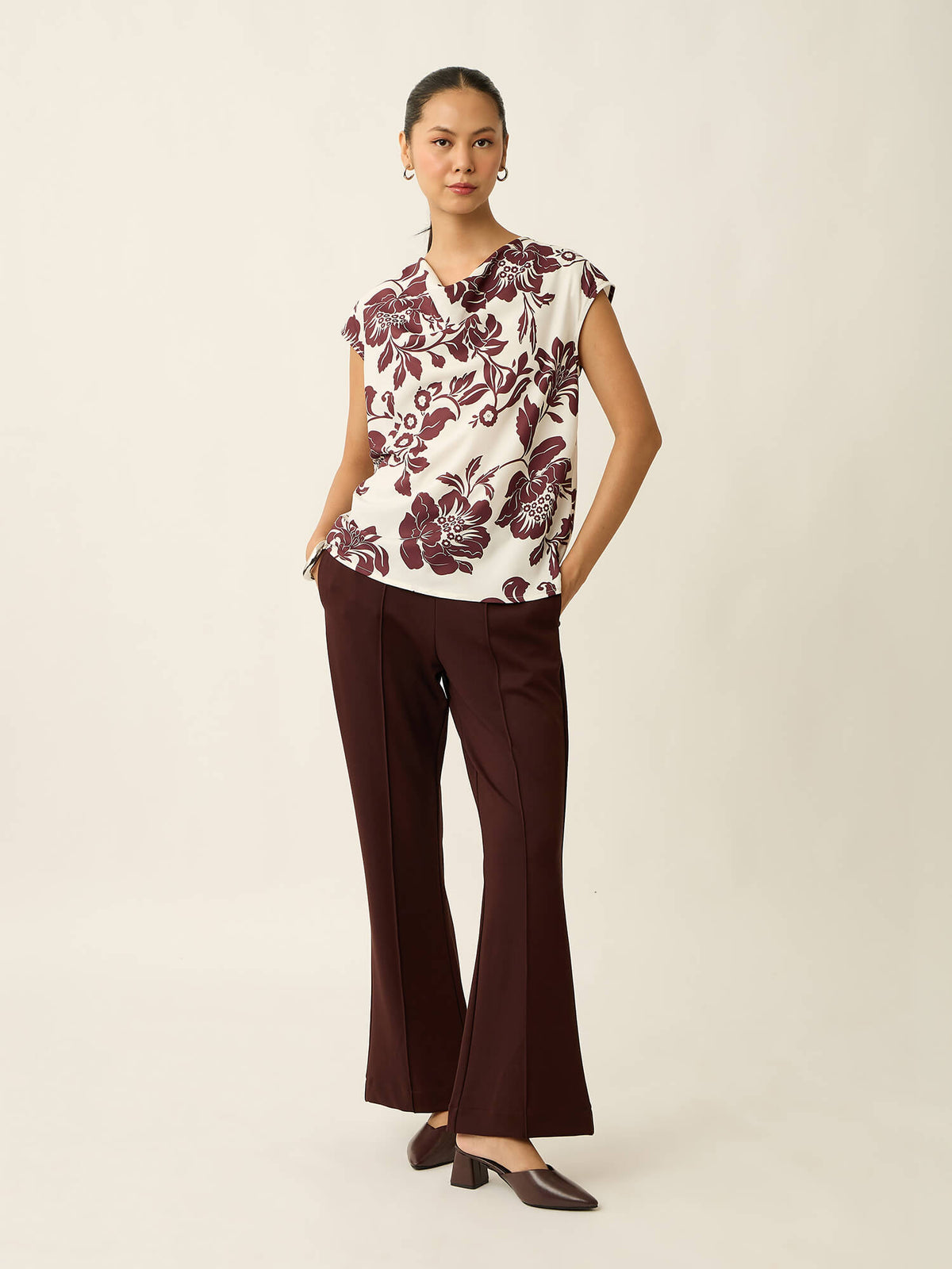 Lilo-Floral Print Cowl Neck Printed Top-White