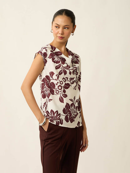 Lilo-Floral Print Cowl Neck Printed Top-White