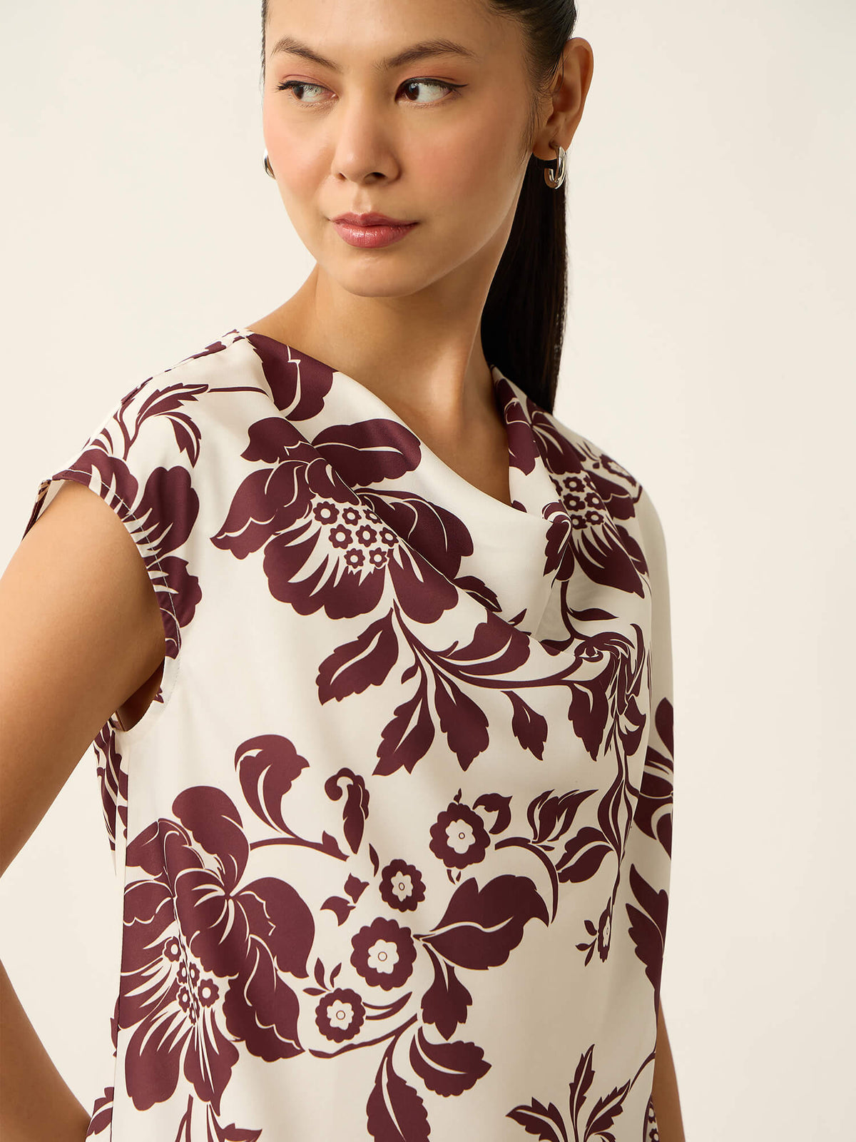 Lilo-Floral Print Cowl Neck Printed Top-White