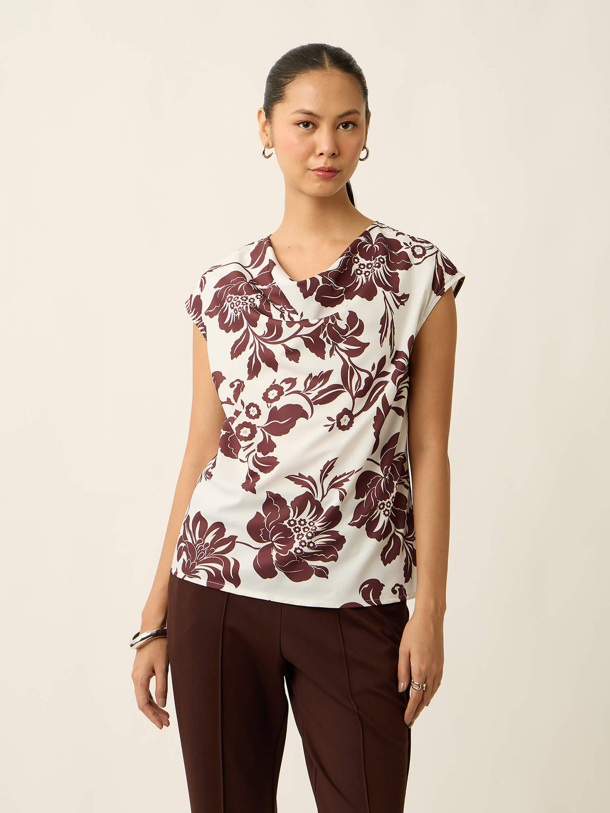 Lilo-Floral Print Cowl Neck Printed Top-White