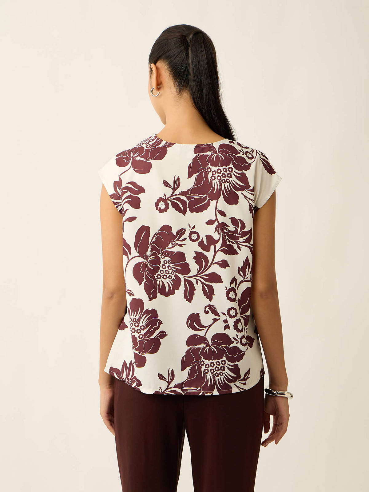 Lilo-Floral Print Cowl Neck Printed Top-White