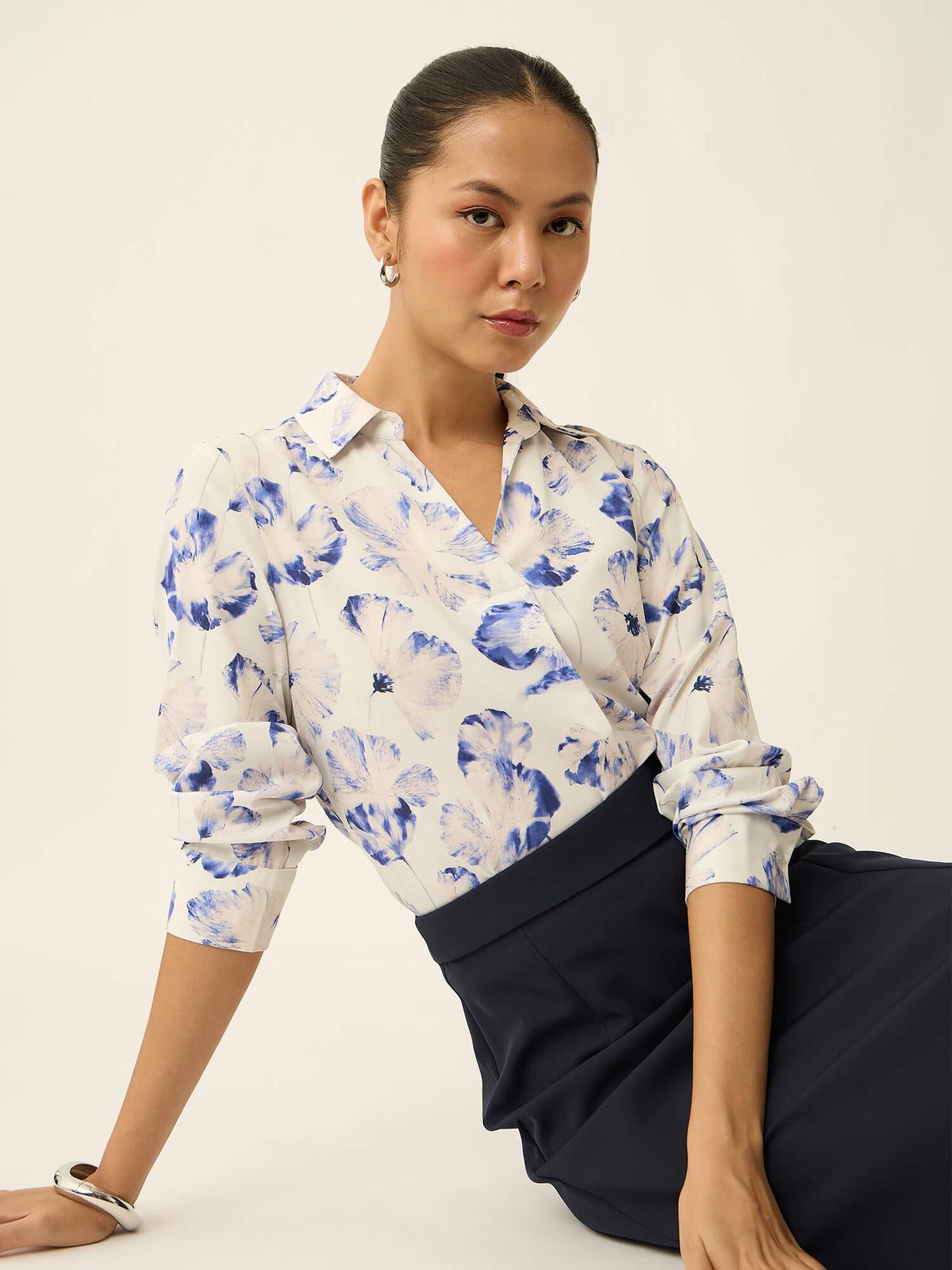 Andorra-Floral Print Front Pleat With Metallic Button Top-White