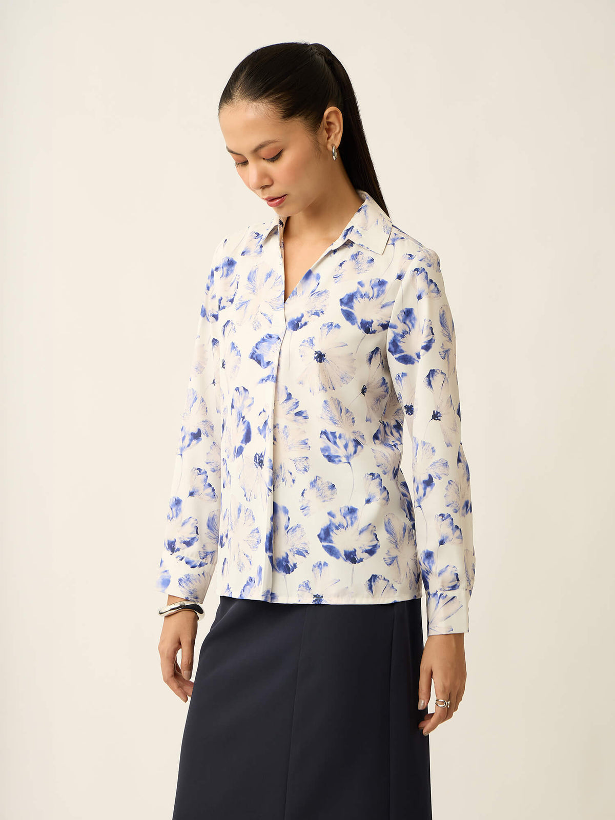 Andorra-Floral Print Front Pleat With Metallic Button Top-White