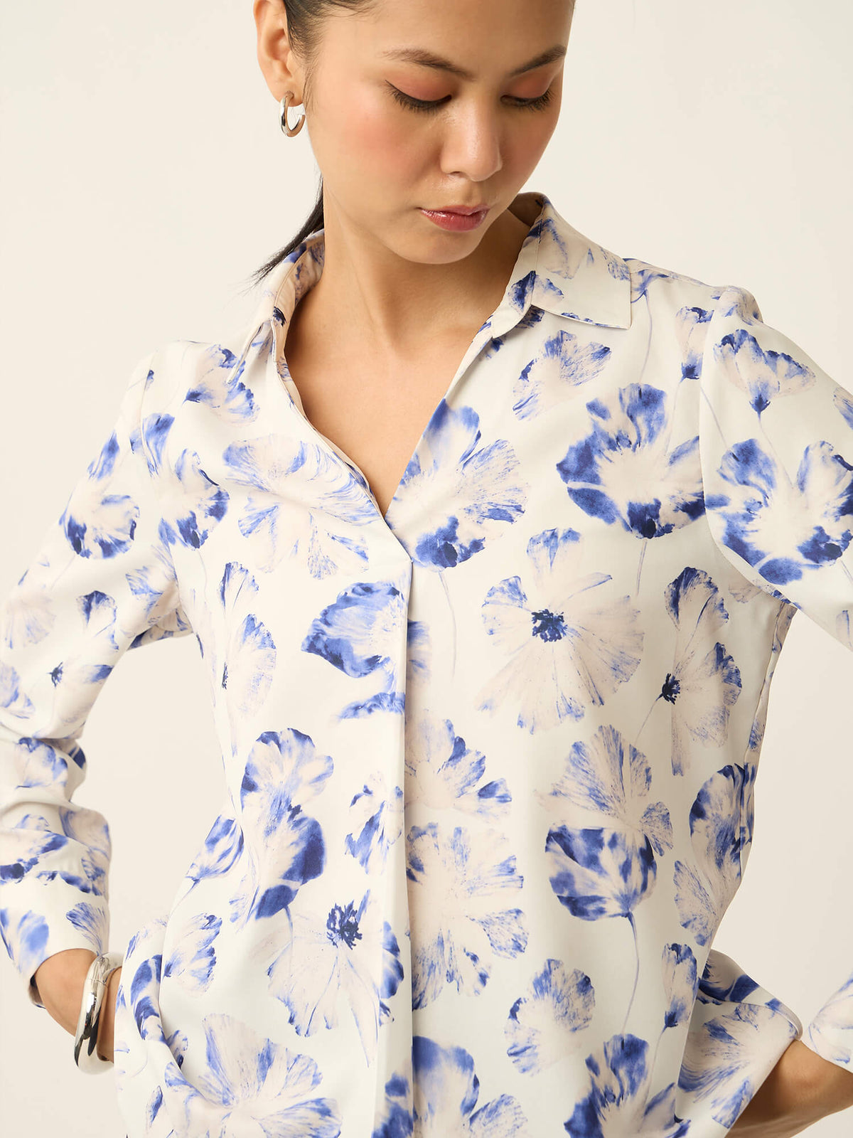 Andorra-Floral Print Front Pleat With Metallic Button Top-White