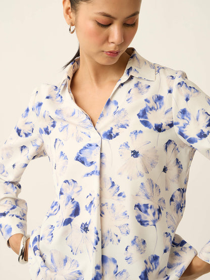 Andorra-Floral Print Front Pleat With Metallic Button Top-White