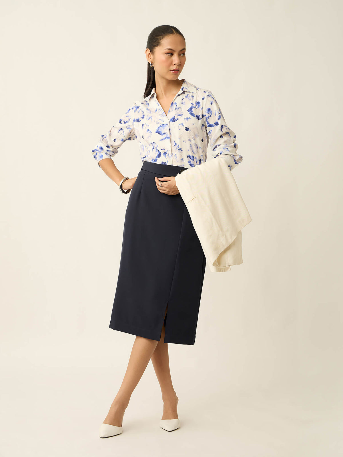 Andorra-Floral Print Front Pleat With Metallic Button Top-White