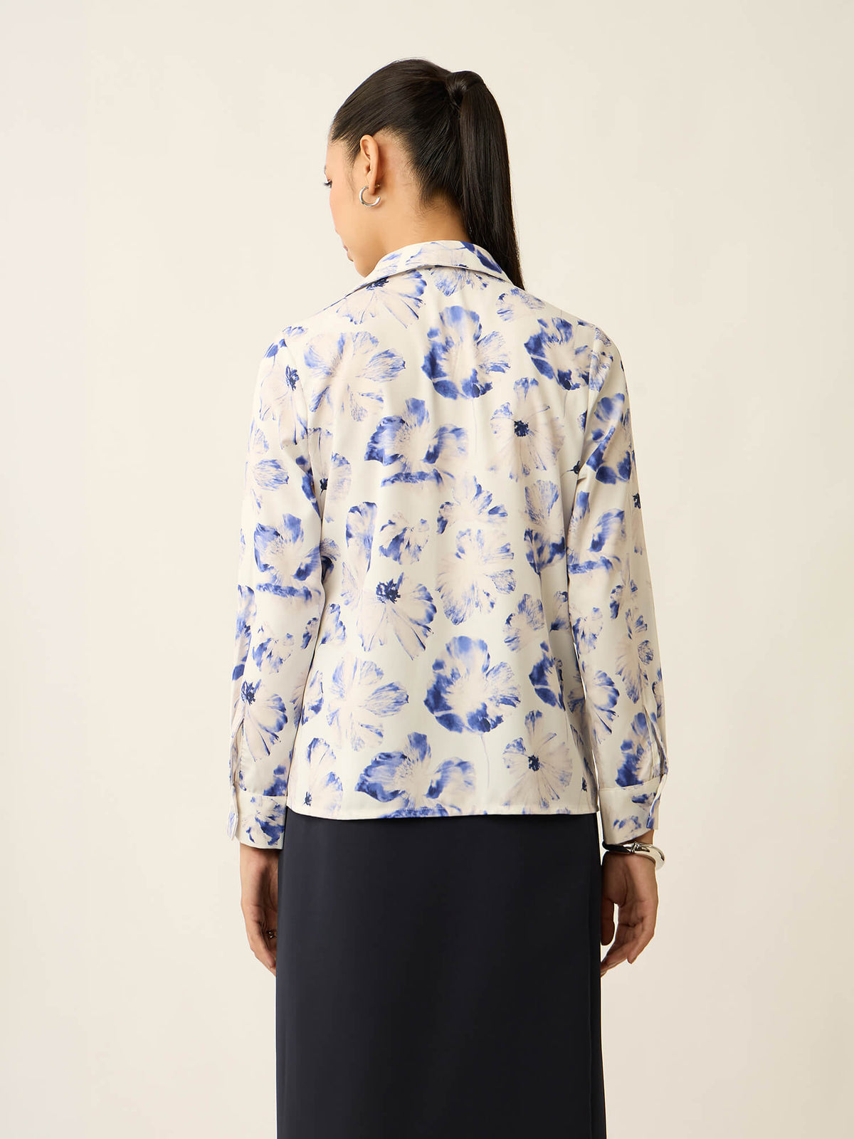 Andorra-Floral Print Front Pleat With Metallic Button Top-White