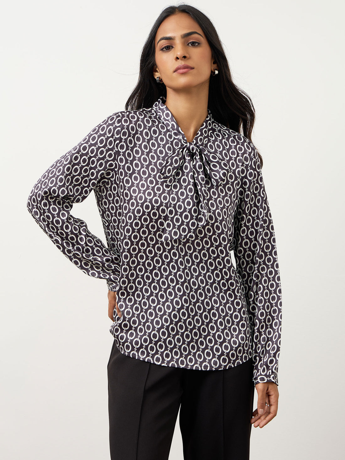 Polly Neck Tie Printed Top-Black