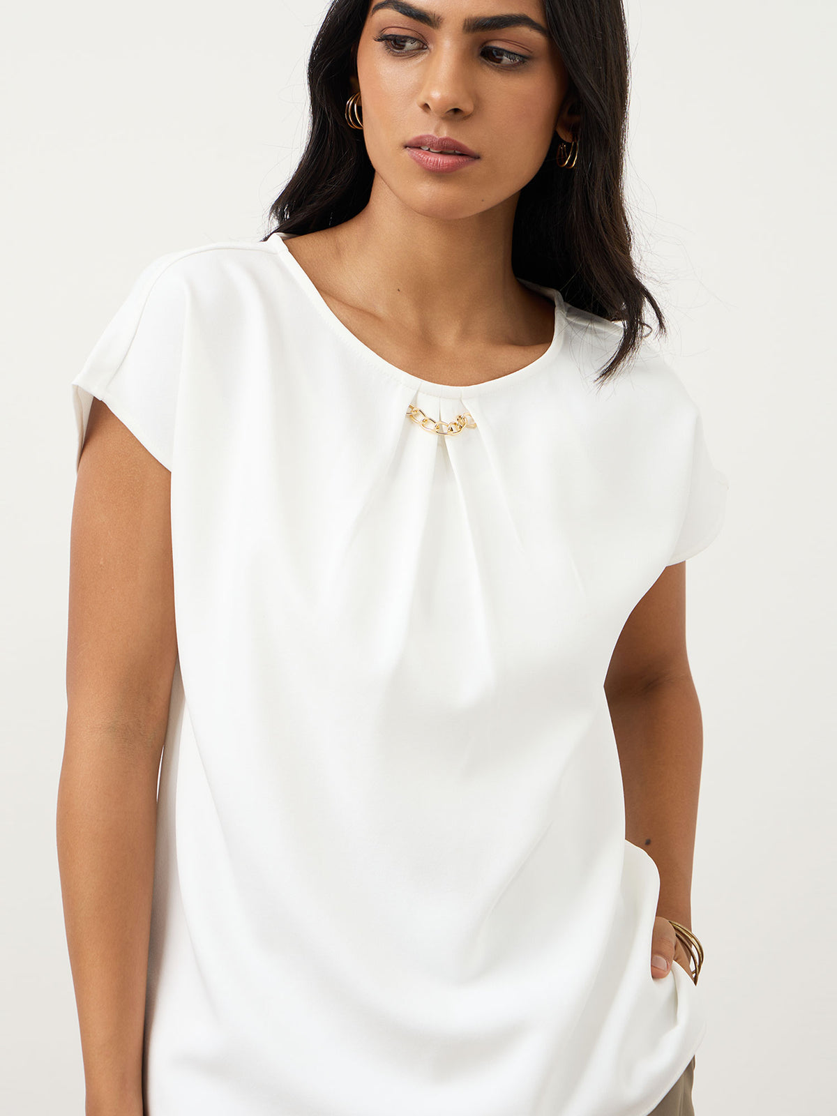 Jemma Centre Front Pleated Drop Shoulder Top-White