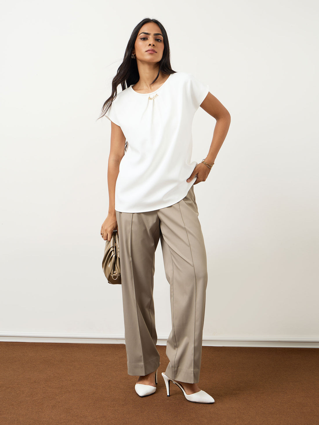 Jemma Centre Front Pleated Drop Shoulder Top-White