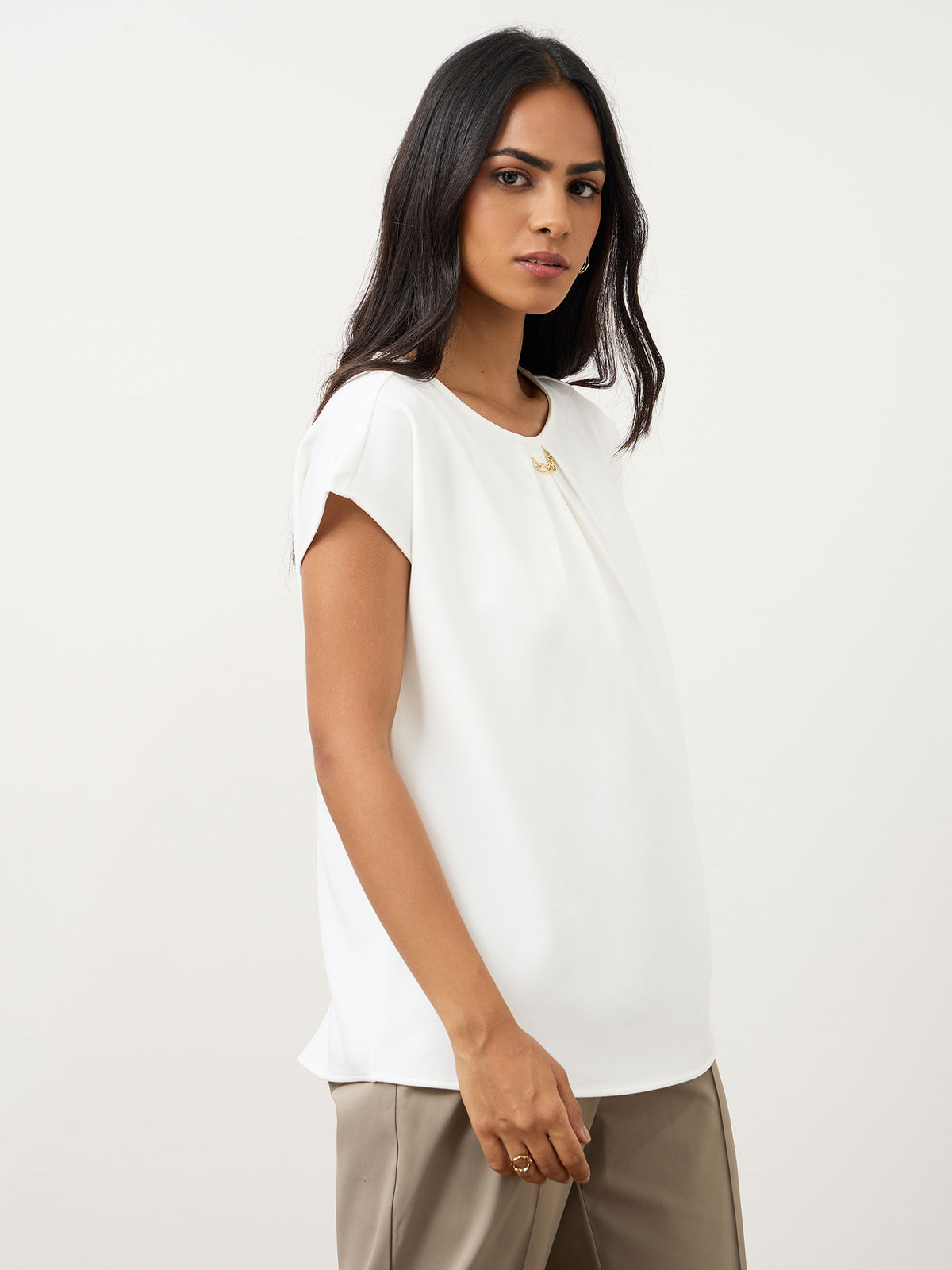 Jemma Centre Front Pleated Drop Shoulder Top-White