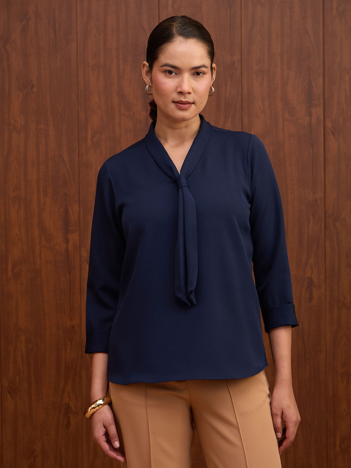 New Moon Notch Collar Tie Top -Oxford Blue