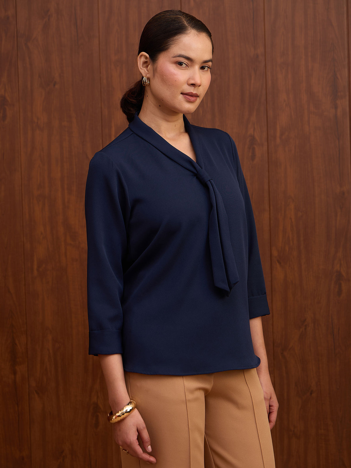 New Moon Notch Collar Tie Top -Oxford Blue