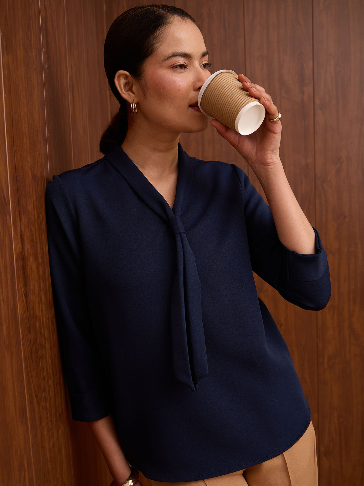 New Moon Notch Collar Tie Top -Oxford Blue