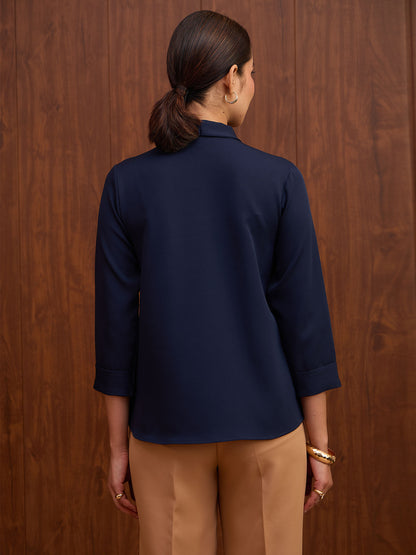 New Moon Notch Collar Tie Top -Oxford Blue