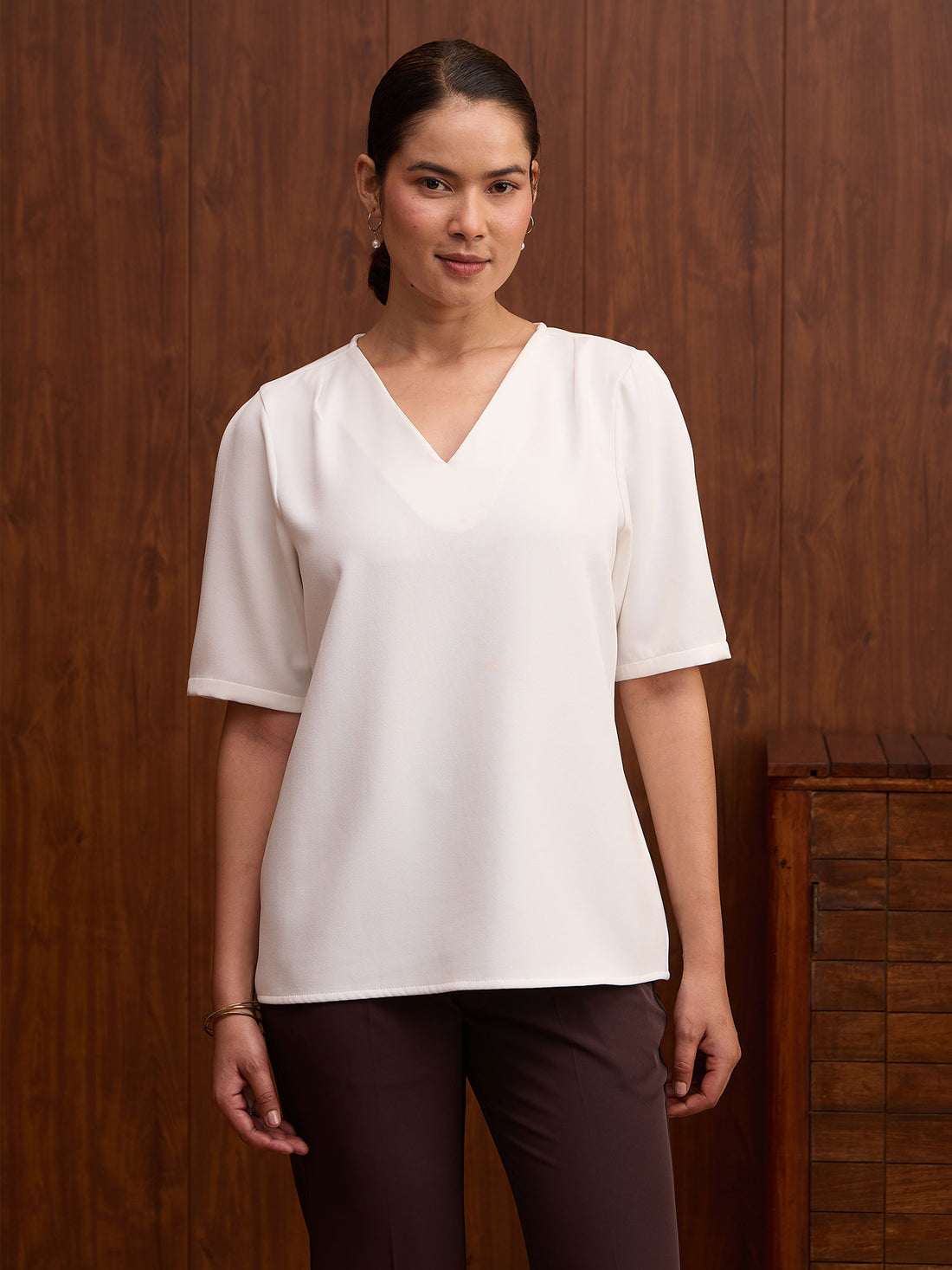 Genteel V-Neck Top-White