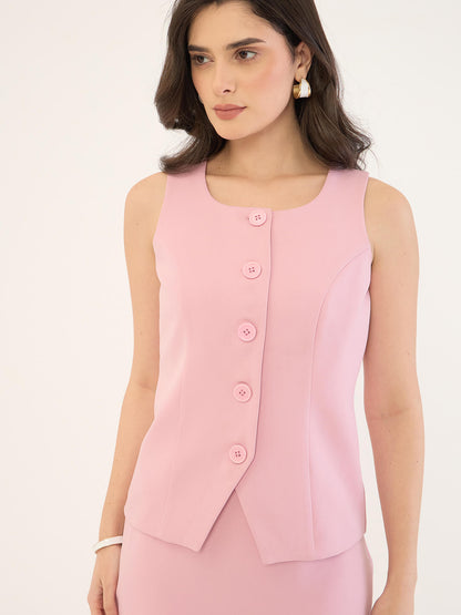 Amber Square Neck Sleeveless Waistcoat-Pink