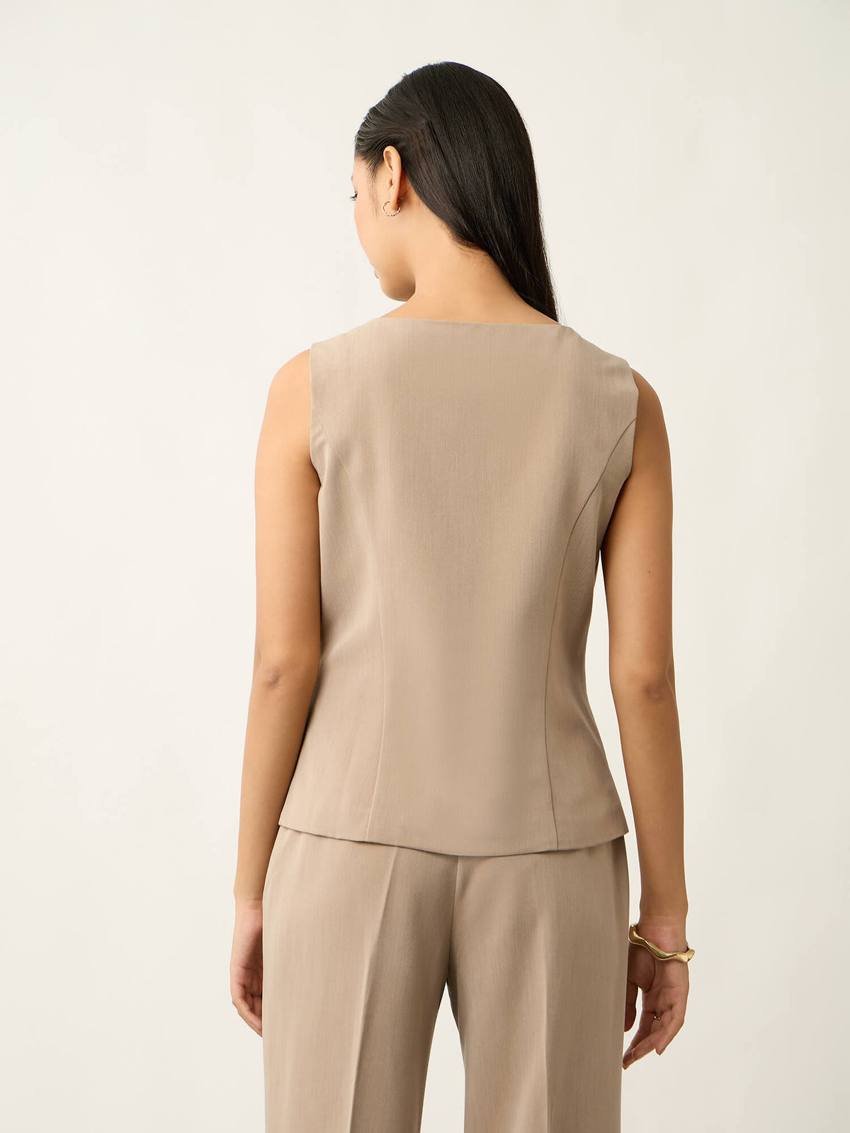 Calyx Boat Neck Sleeveless Waistcoat-Latte Beige