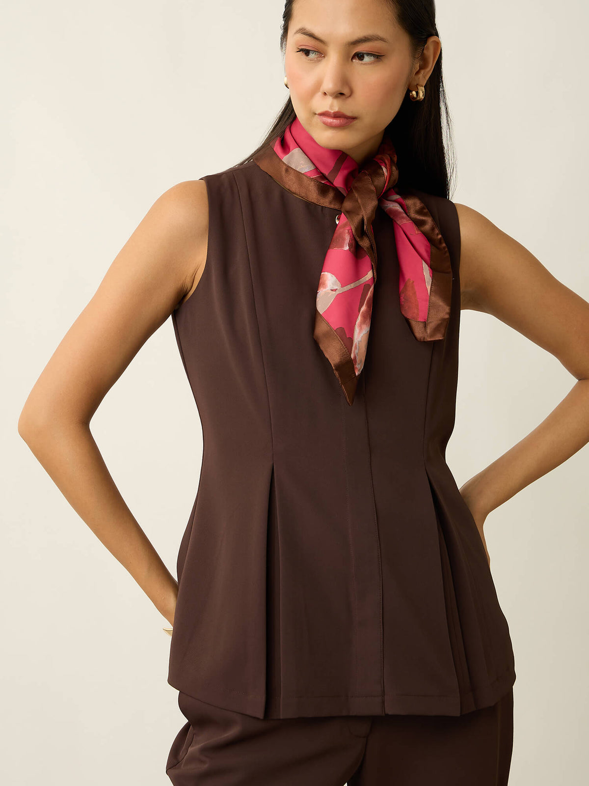 Mireya Pleated Peplum Waistcoat-Brown
