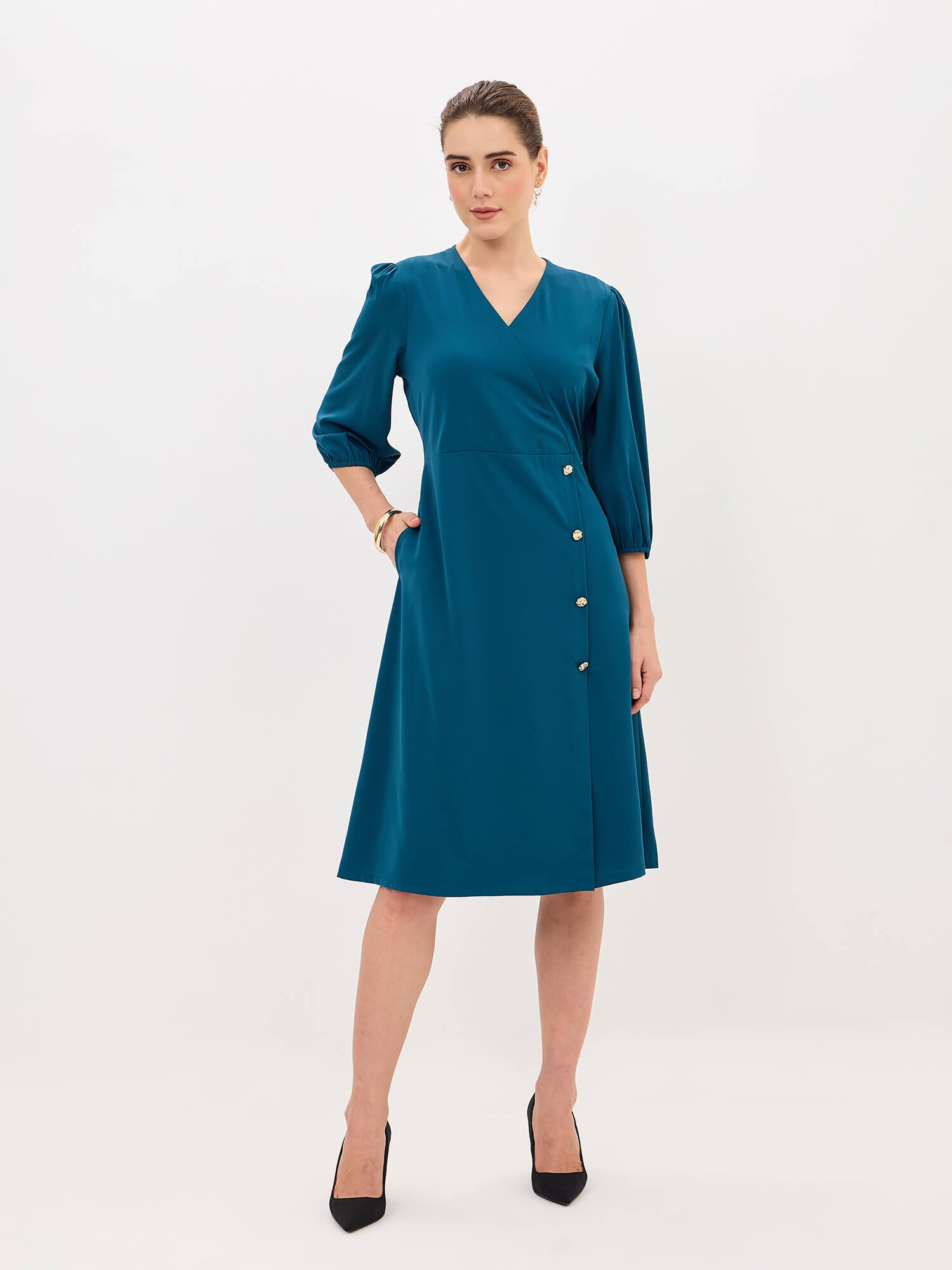 Sadie Faux-Wrap Dress-Teal