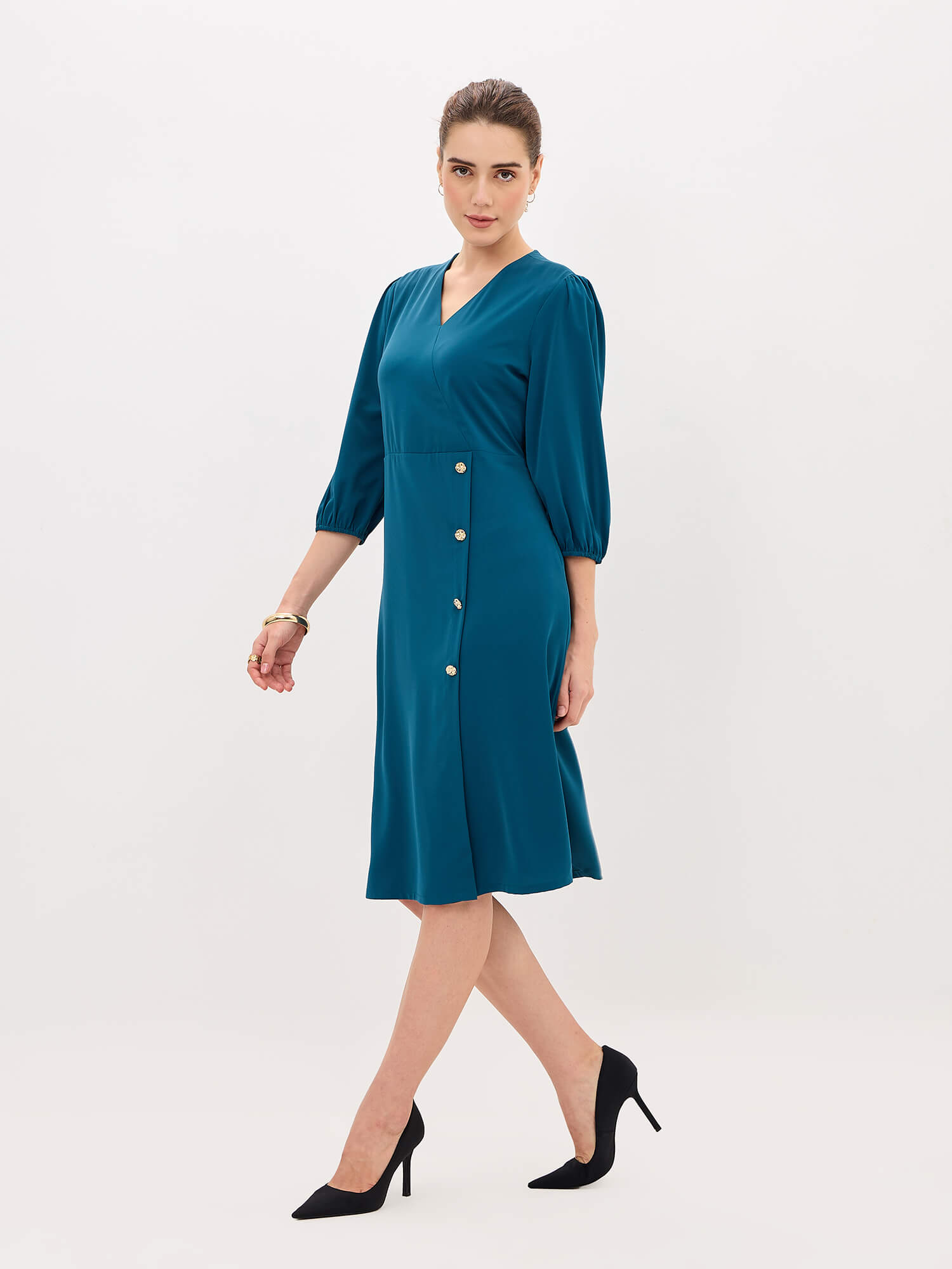 Sadie Faux-Wrap Dress-Teal