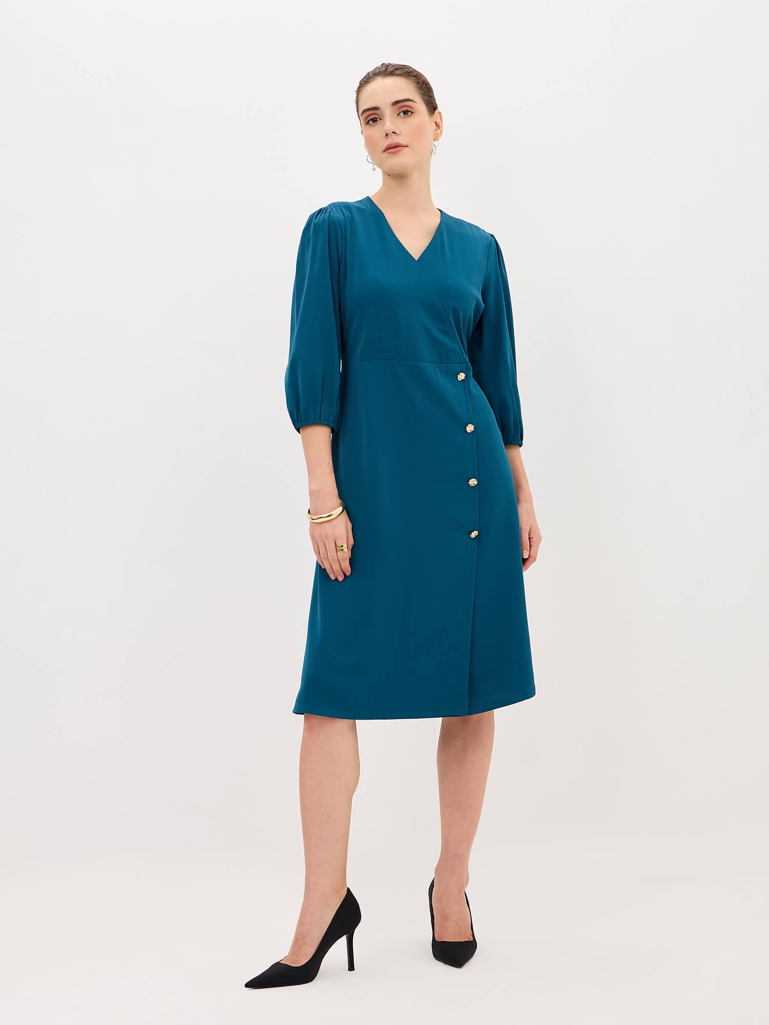 Sadie Faux-Wrap Dress-Teal