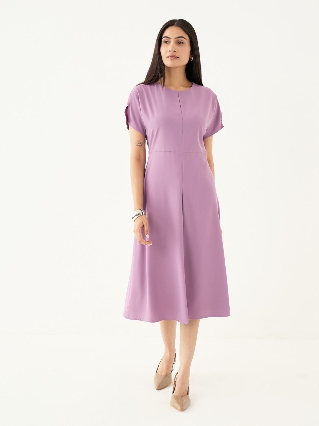 Mehv Extended Sleeve Dress With Inverted Box Pleat-Mauve