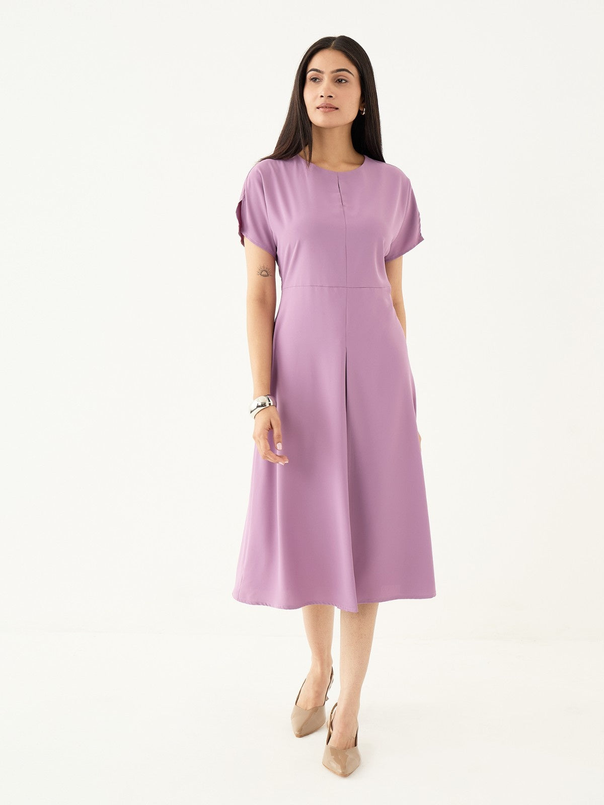 Mehv Extended Sleeve Dress With Inverted Box Pleat-Mauve
