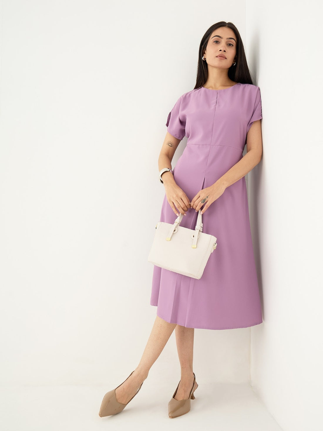 Mehv Extended Sleeve Dress With Inverted Box Pleat-Mauve