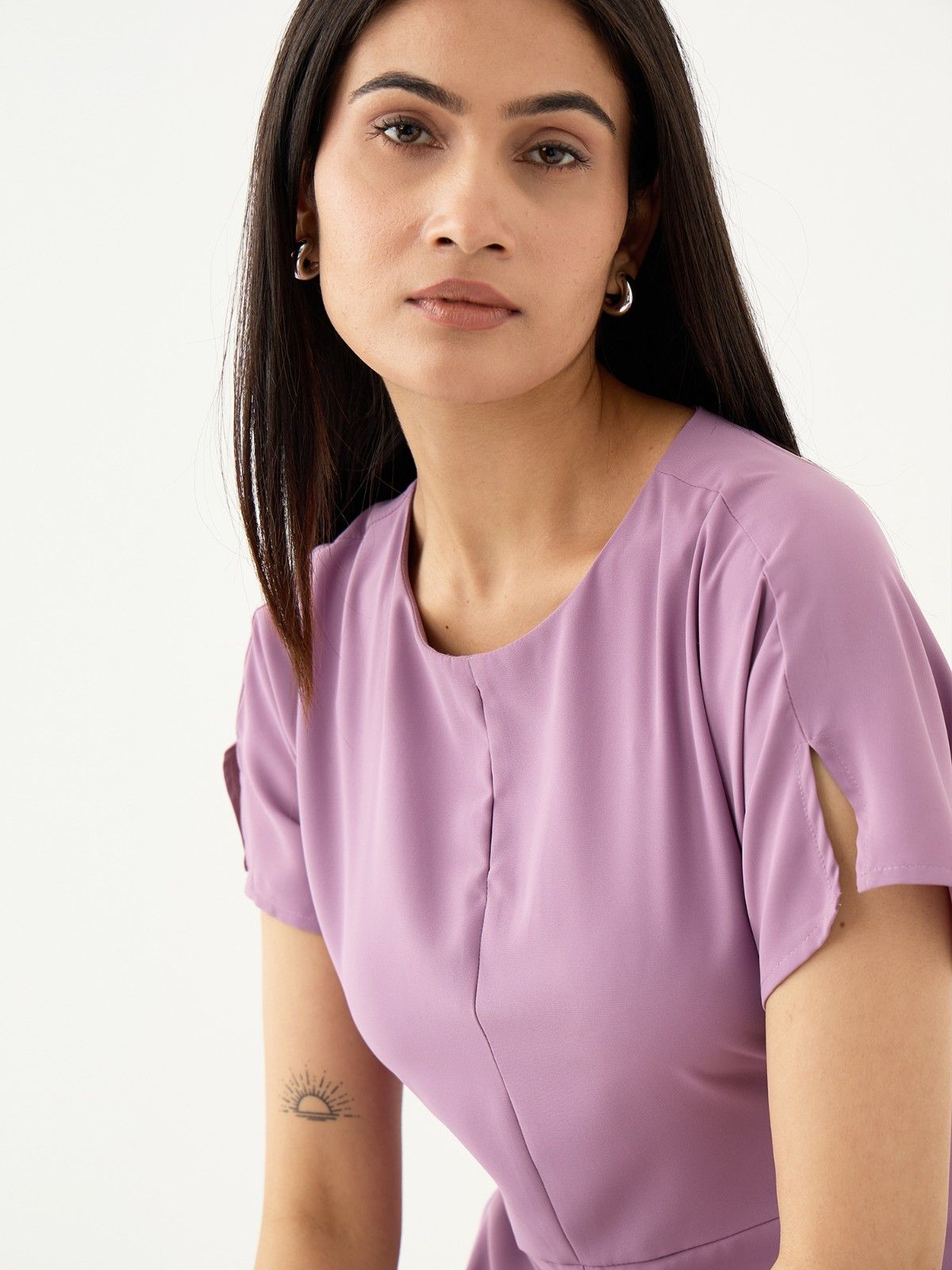 Mehv Extended Sleeve Dress With Inverted Box Pleat-Mauve