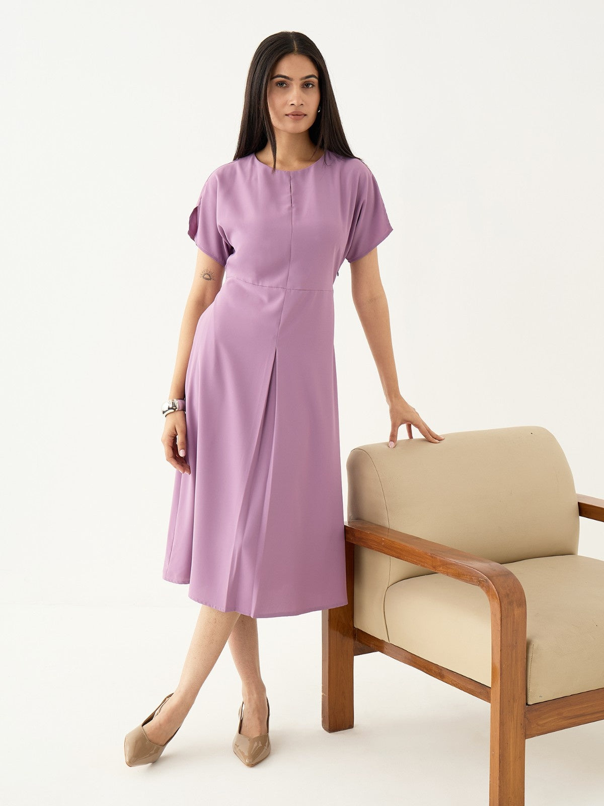 Mehv Extended Sleeve Dress With Inverted Box Pleat-Mauve